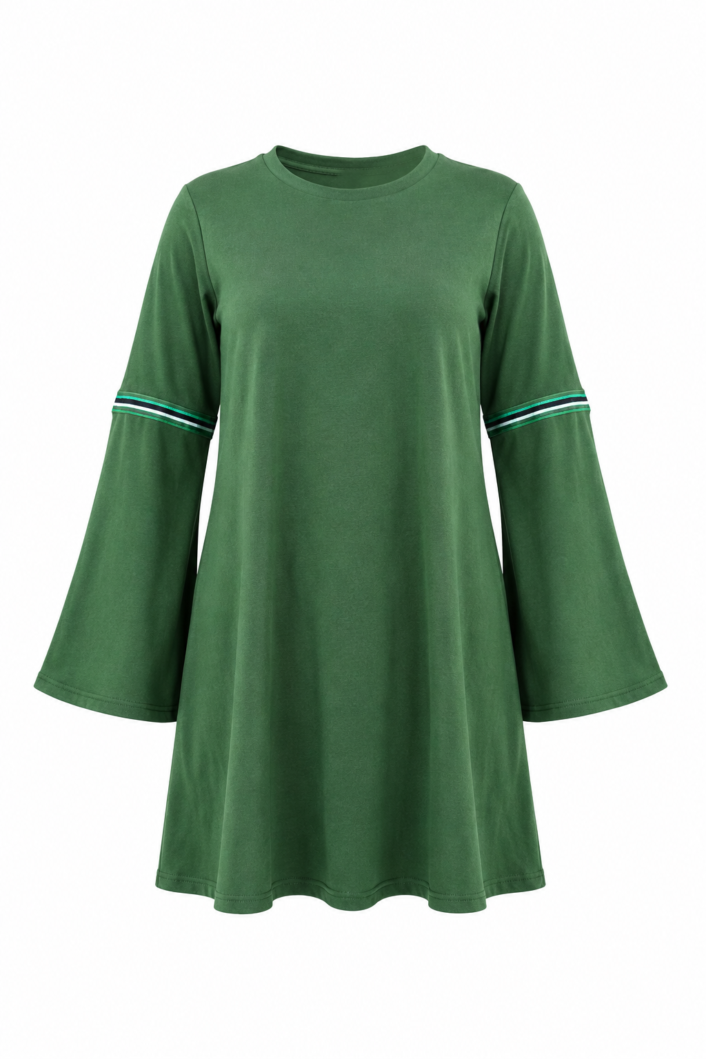A green long-sleeve tunic dress with a crew neck and thin striped accents on the upper sleeves, shown against a plain white background.