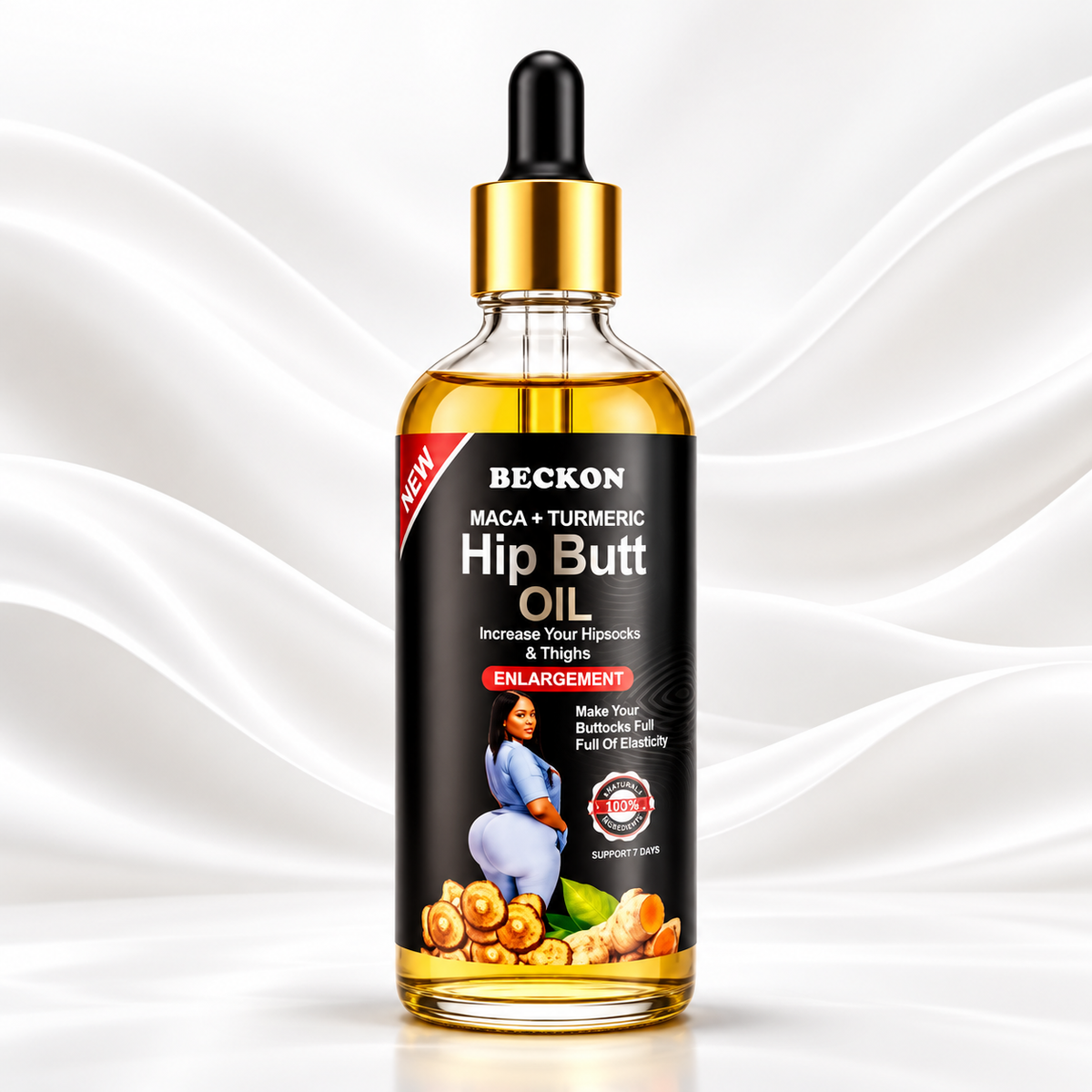A bottle of Beckon Maca + Turmeric Hip Butt Oil with a black dropper cap and gold collar, set against a white satin-wrapped background.