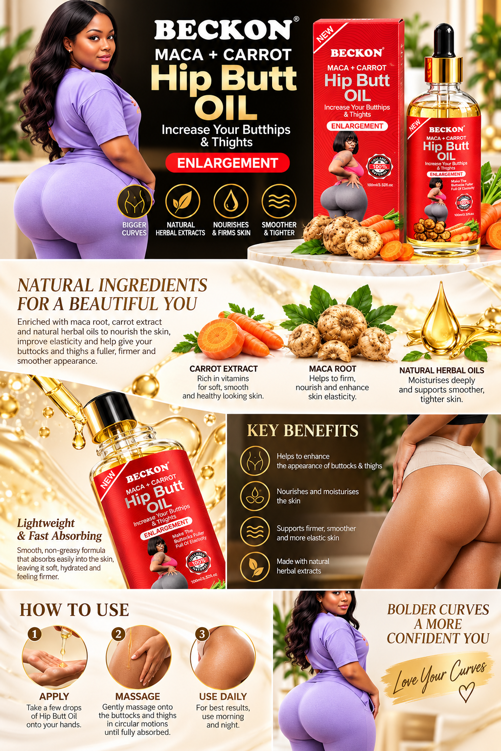 A promotional infographic for Beckon Maca + Carrot Hip Butt Oil, featuring a woman in a purple top demonstrating the oil on her buttocks, product bottles, ingredient illustrations, and benefit callouts.