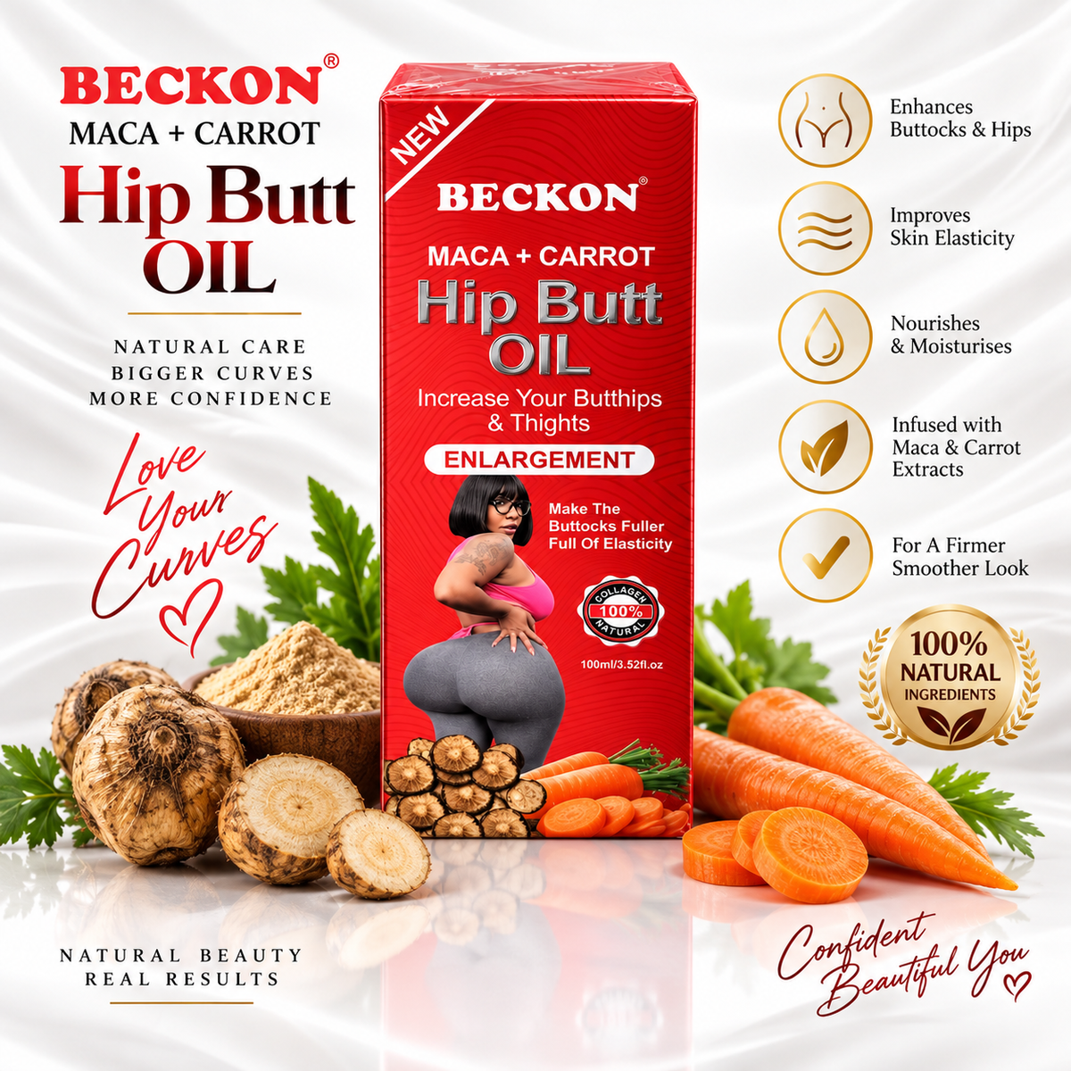 Beckon Maca + Carrot Hip Butt Oil box shown on a white background with ingredient props (maca roots, carrots, greens) and promotional text/icons. The box is red with white and yellow lettering, and the image includes claims such as 'Enhances Buttocks & Hips,' 'Improves Skin Elasticity,' and 'Nourishes & Moisturises.
