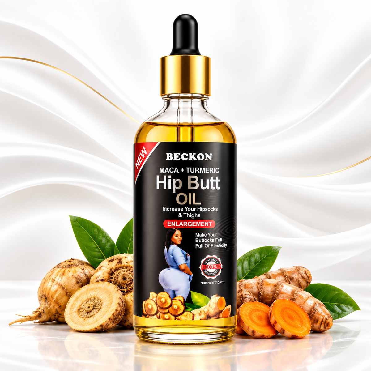 A bottle of Beckon Maca + Turmeric Hip Butt Oil centered on a white background with decorative leaves, turmeric roots, and ginger slices around it. The bottle has a black label with gold dropper cap and yellow oil inside.