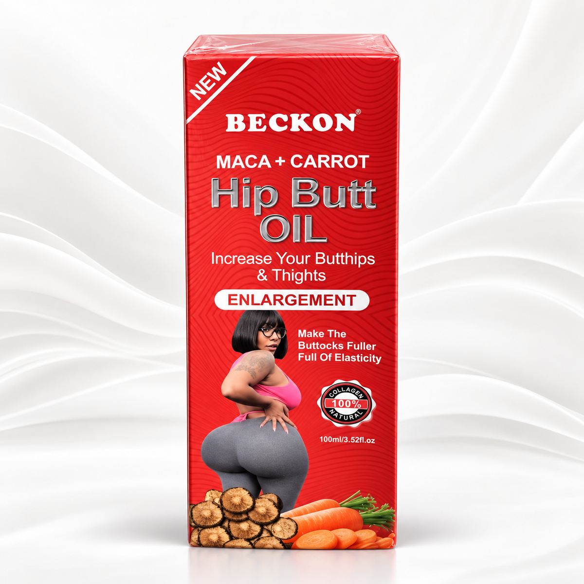 A red rectangular box of Beckon Maca + Carrot Hip Butt Oil, featuring a graphic of a woman holding her hips and illustrations of maca roots and carrots at the bottom, set against a white background with soft draped shadows.