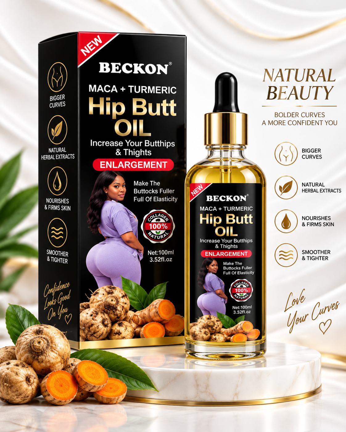 A bottle and box of Beckon Maca + Turmeric Hip Butt Oil displayed on a marble surface with fresh turmeric roots and leaves. The packaging is black with gold, white, and red text, and the bottle contains golden-yellow oil with a black dropper cap.