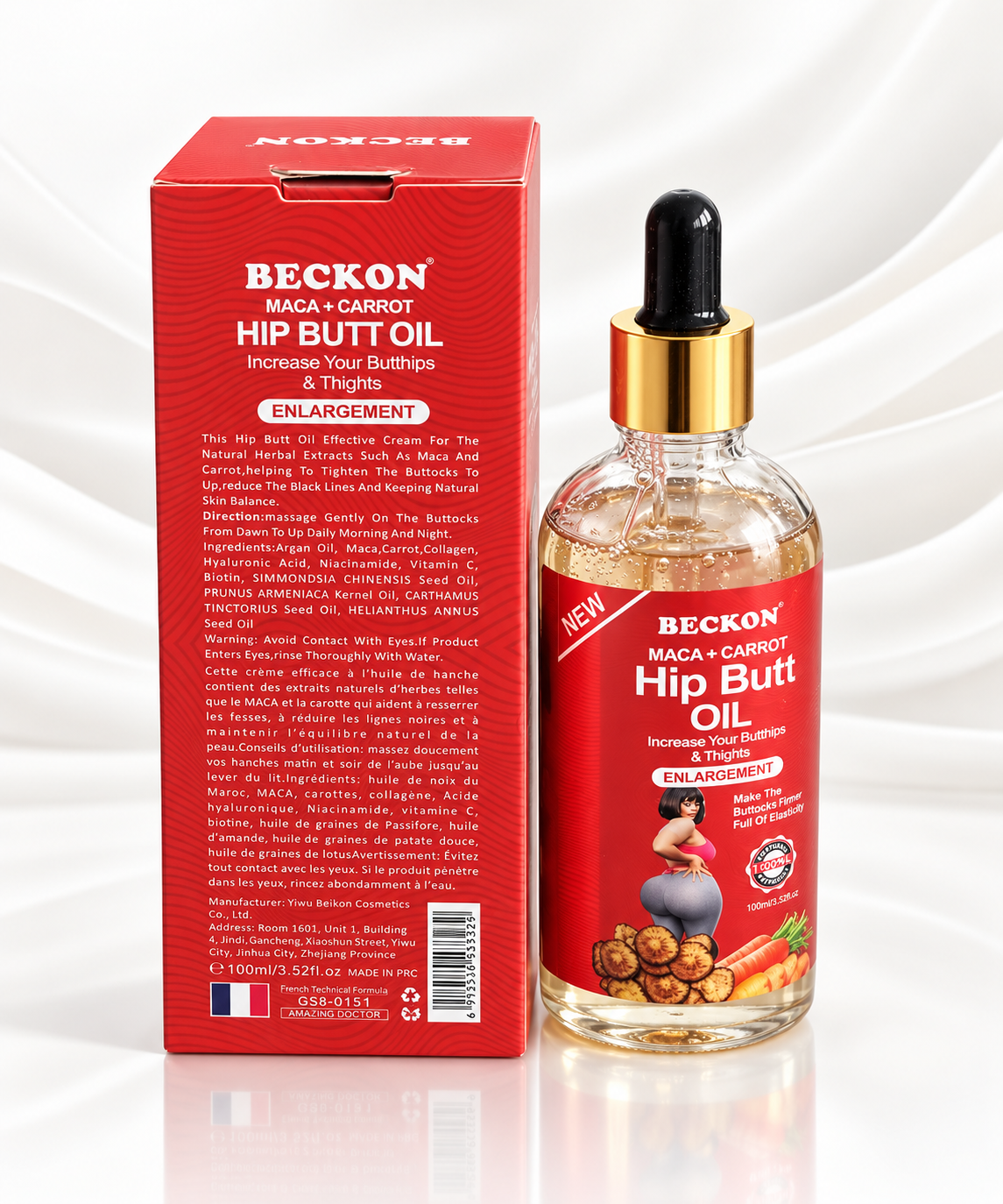 A bottle of Beckon Maca + Carry Hip Butt Oil with a black dropper cap and gold collar, shown next to its red retail box on a white reflective background.