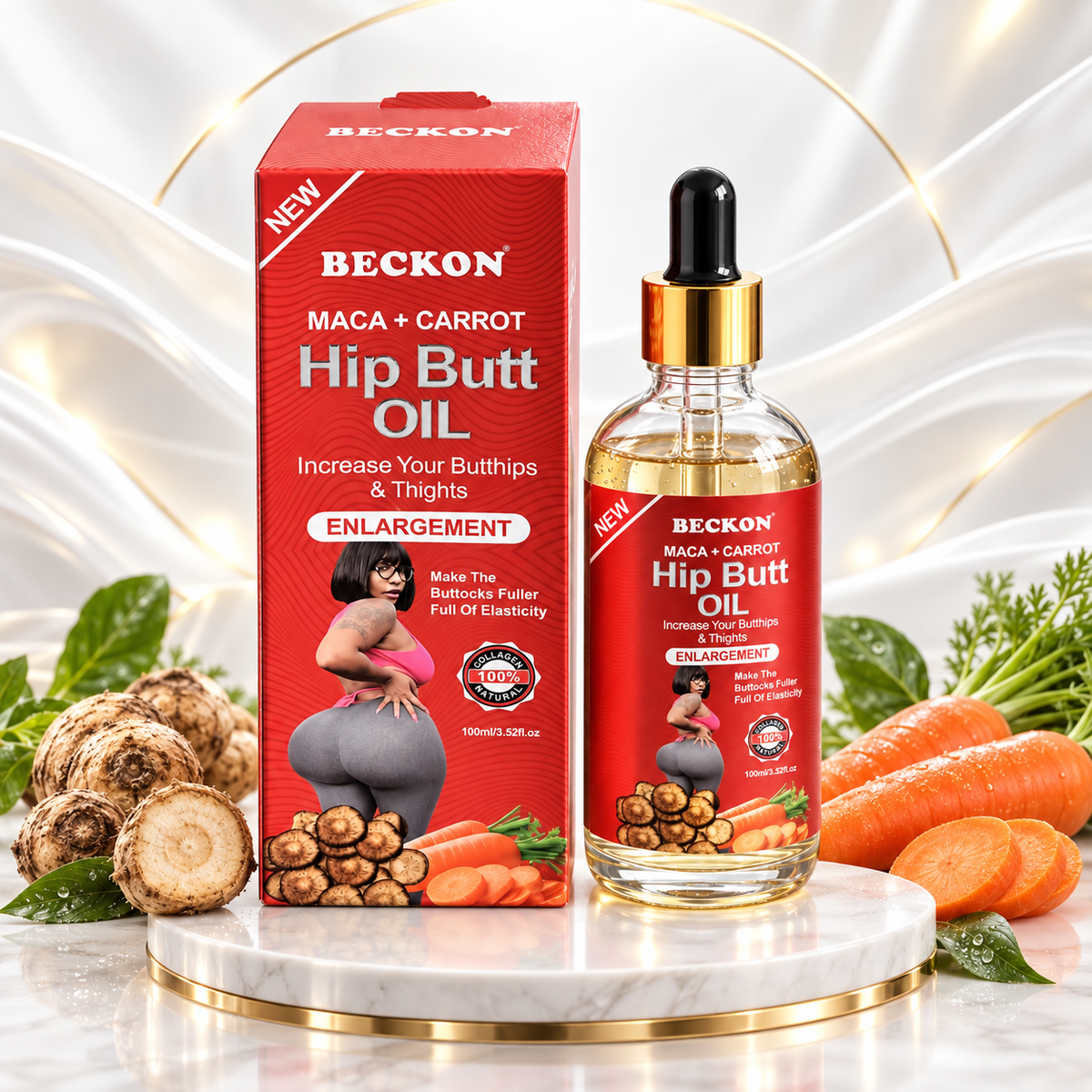 A bottle and box of BECKON Maca + Carrot Hip Butt Oil displayed on a marble pedestal with carrots, greens, and decorative swirls in the background.