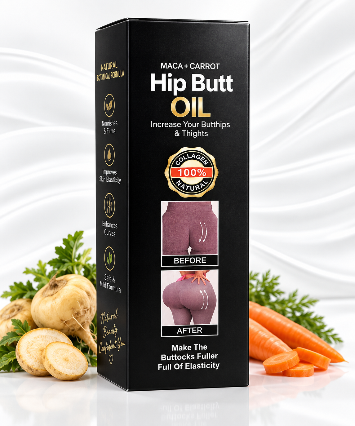 A black rectangular box labeled 'Hip Butt Oil' with maca and carrot imagery, shown standing upright on a white reflective surface with carrots and garlic props around it.