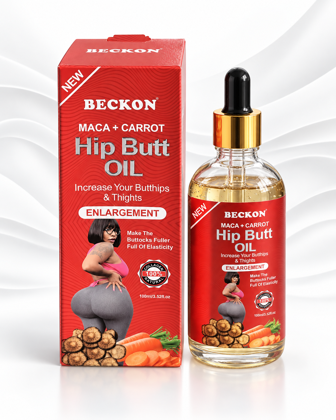 Beckon Maca + Carrot Hip Butt Oil shown with its red retail box and clear glass dropper bottle on a white background with soft gray wave graphics.