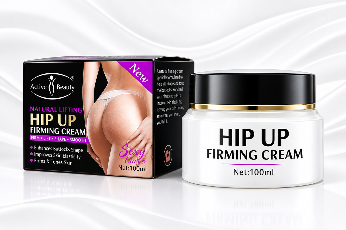 Active Beauty Hip Up Firming Cream shown with its retail box and a white plastic jar with a black lid and gold band, set against a white wavy background.