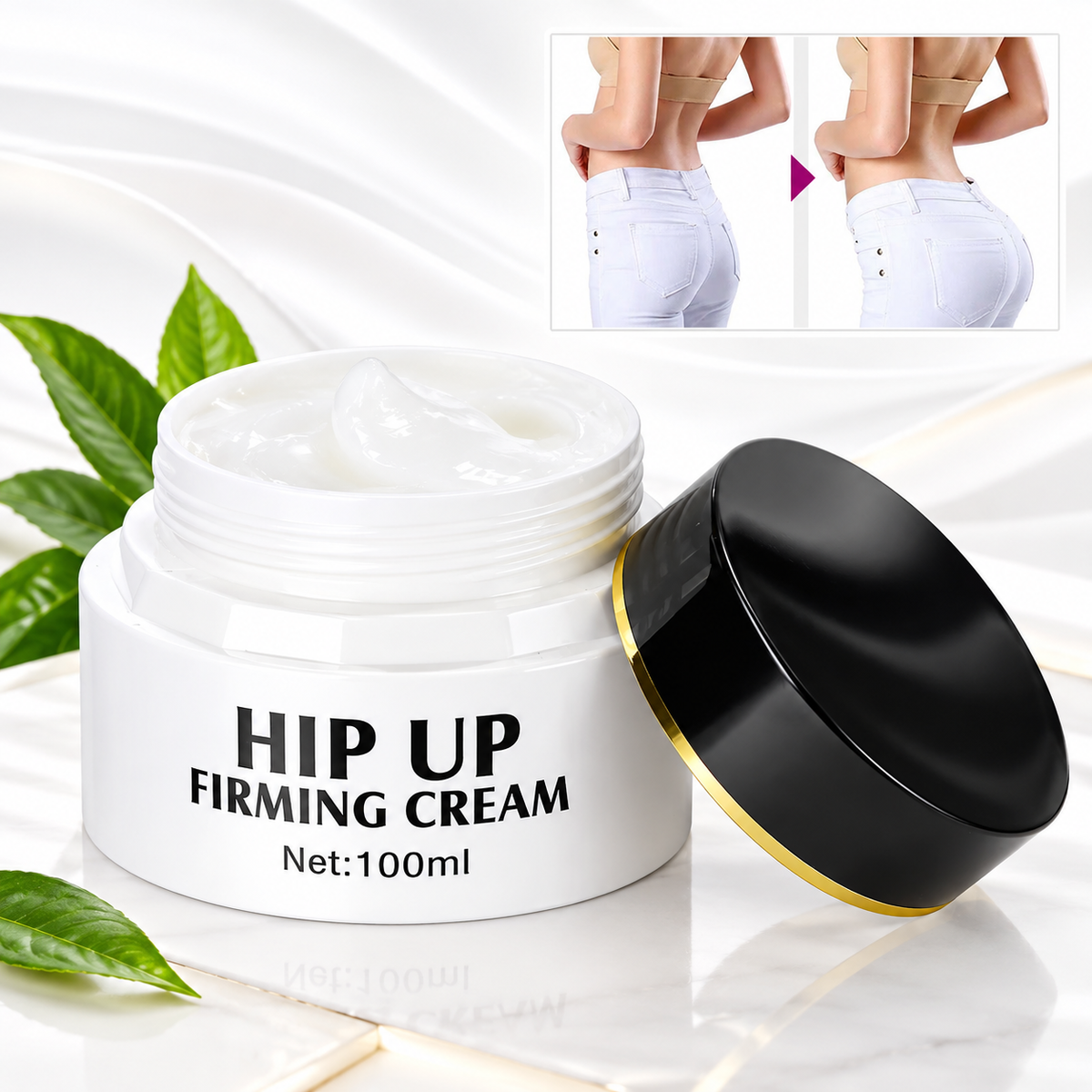 A white cosmetic jar labeled 'HIP UP FIRMING CREAM' with a black lid resting beside it, shown on a clean white background with decorative green leaves. A small inset at the top shows a before-and-after comparison of a woman's hips wearing white jeans, demonstrating the claimed hip-firming effect.