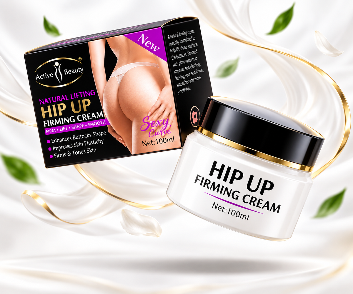 Active Beauty Hip Up Firming Cream shown with its retail box and a white jar with a black lid and gold trim, set against a white satin background with decorative leaves and gold curved accents.