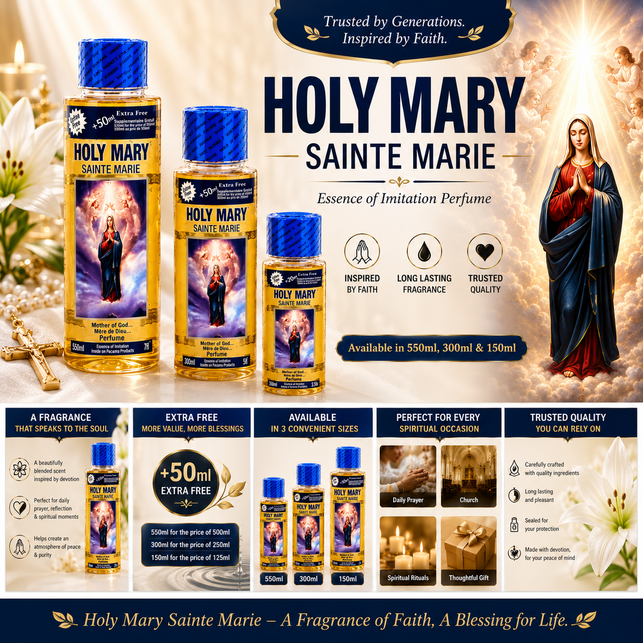 Holy Mary (Sainte Marie) Spiritual Perfume | Premium Faith-Inspired Cologne | Long-Lasting Fragrance | Available in 150ml, 250ml & 500ml - Perfume - Cherubim Aura