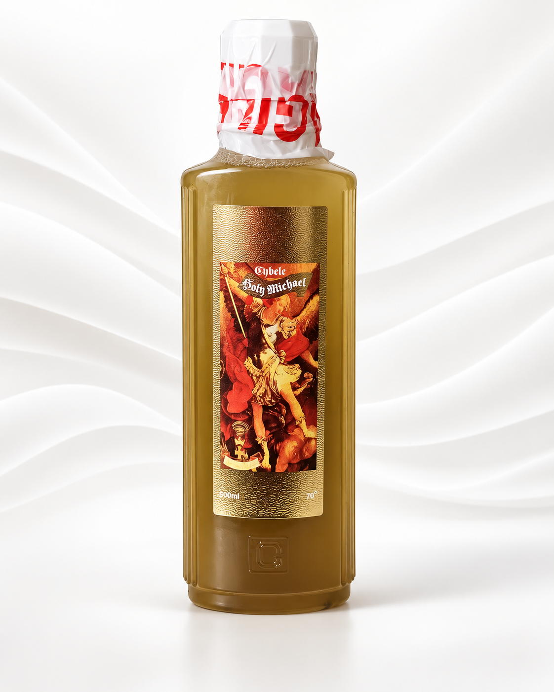 A tall rectangular bottle filled with amber-brown liquid, featuring a gold label with a vintage-style illustrated figure and red text near the neck, set against a white wavy studio background.