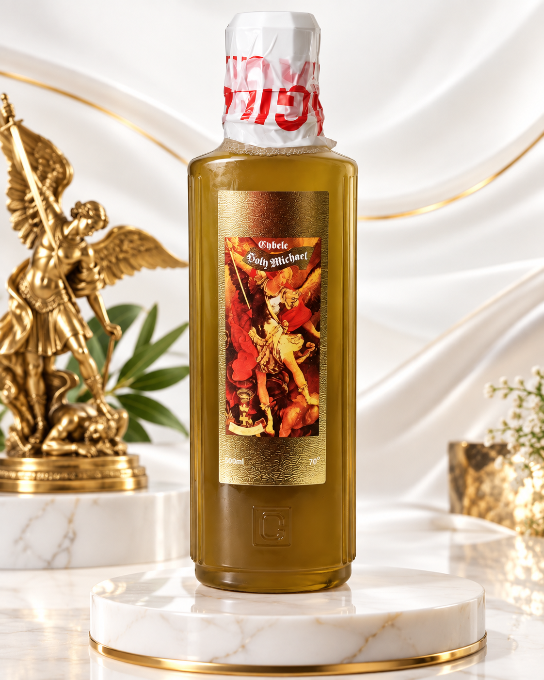 A bottle of Holy Trinity Cider with a gold label and a white wax-sealed neck, displayed on a white marble pedestal with a gold statue in the background.