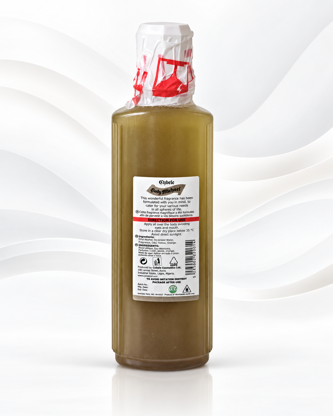 A bottle of olive oil with a white label and a red-and-white foil seal on the cap, shown against a white background with soft gray wave patterns.