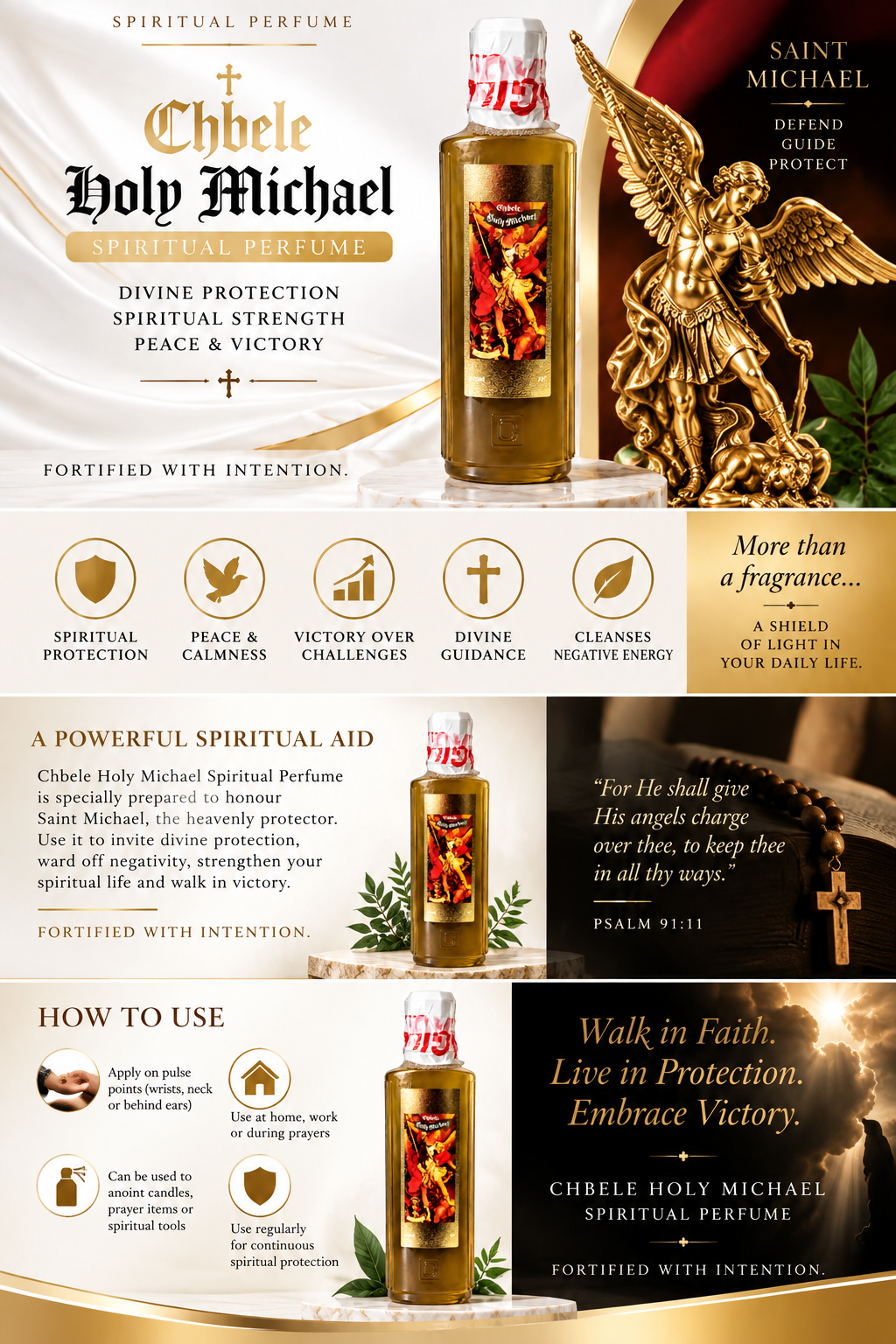 A promotional graphic for Chblee Holy Michael Spiritual Perfume, featuring a bottle of the fragrance, a gold angel statue, and text detailing its divine protection and spiritual benefits.