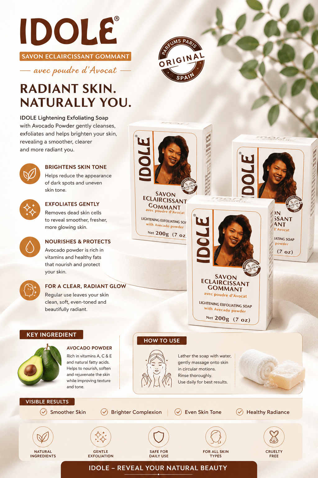IDOLE Lightening Exfoliating Soap with Avocado Powder – 3 Bars - 200g - Skincare - Cherubim Aura