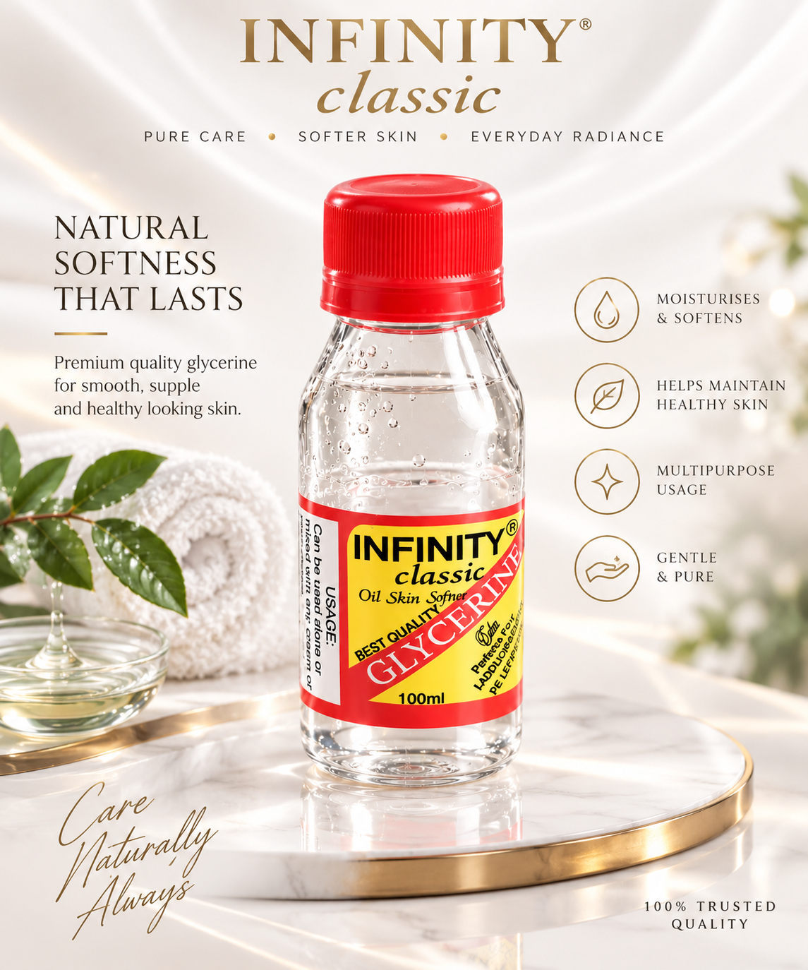 A bottle of Infinity Classic Glycerin oil skin serum with a red cap and yellow label, displayed on a marble tray with decorative props and promotional text on a warm beige background.