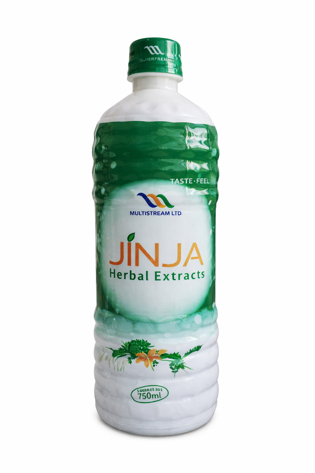 A 750ml plastic bottle of JINJA Herbal Extracts by Multistream Ltd, featuring a green and white label with illustrations of herbs, set against a plain white background.