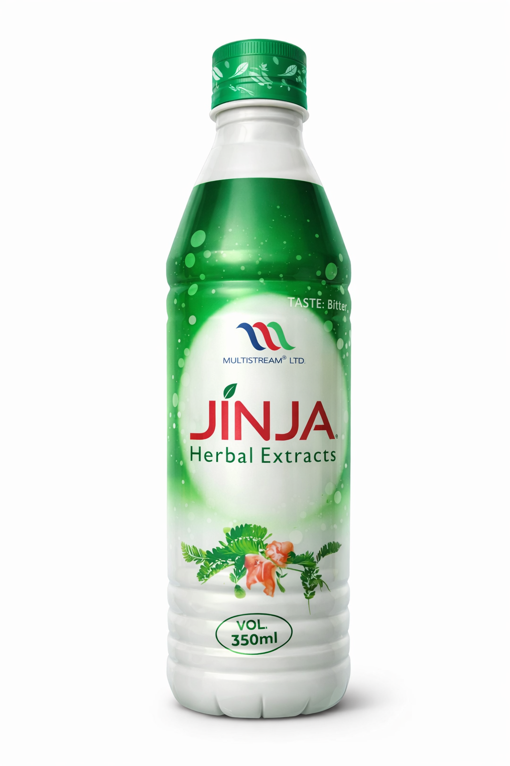 A 350ml plastic bottle of JINJA Herbal Extracts by Multistream Ltd, featuring a green and white label with red brand lettering and botanical illustrations, set against a plain white background.