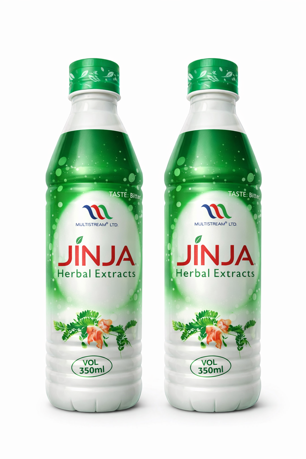 Two 350ml bottles of MultiKraft Ltd. JINJA Herbal Extracts, featuring green and white labels with red branding and illustrations of green leaves and orange flowers, set against a plain white background.