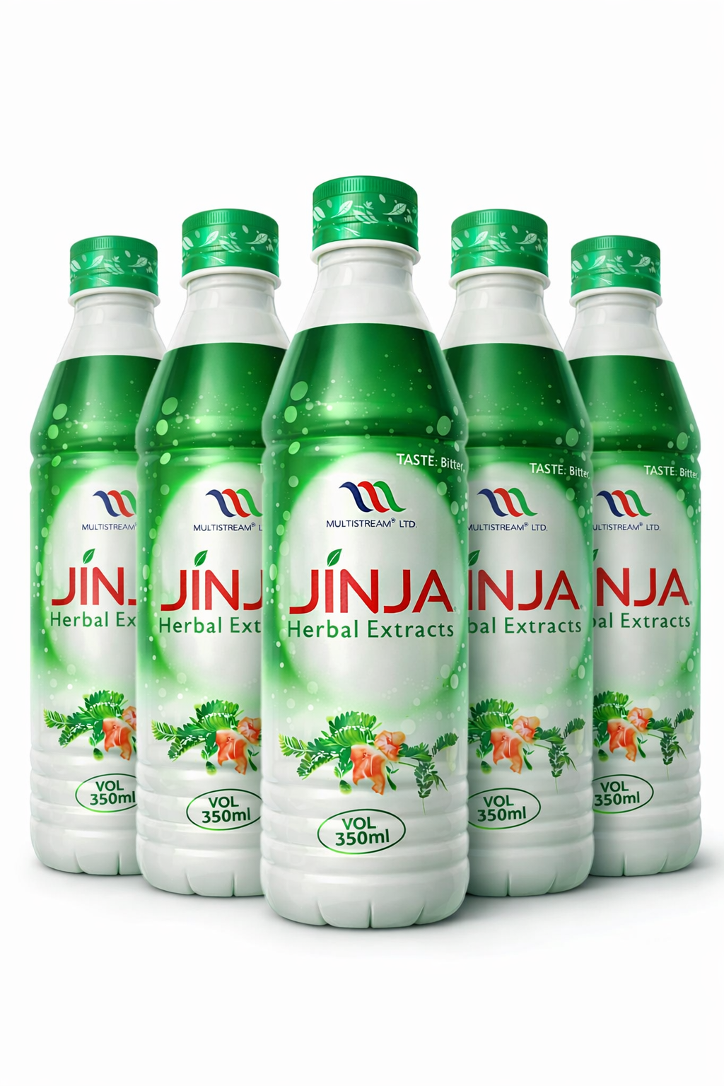 Six bottles of Jinja Herbal Extracts by Waterfowl Ltd. arranged in a row against a plain white background.