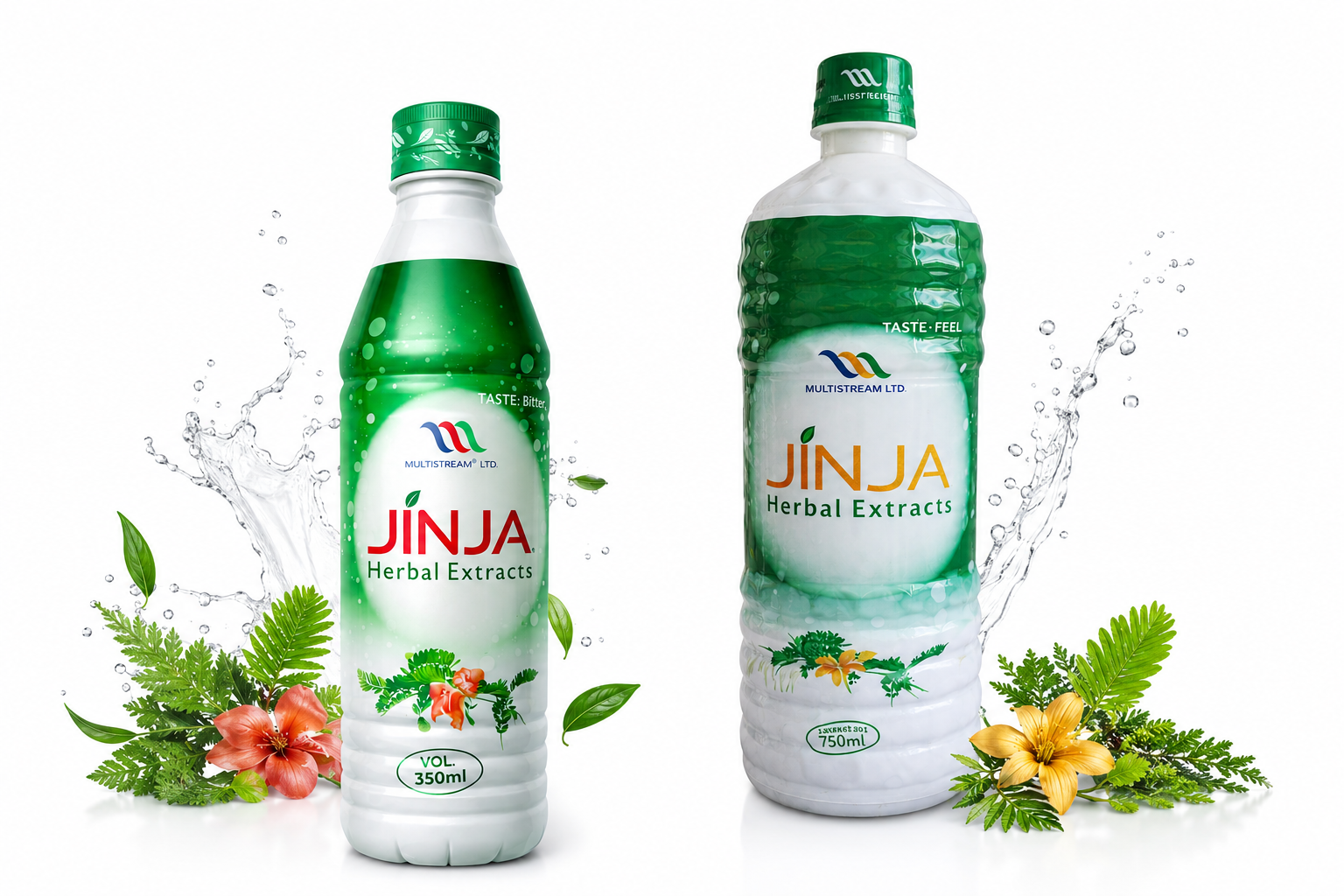 Two bottles of JINJA Herbal Extracts water shown on a white background with decorative green leaves, flowers, and water splashes. One bottle contains a light green liquid, and the other is mostly clear with a green cap and green label.
