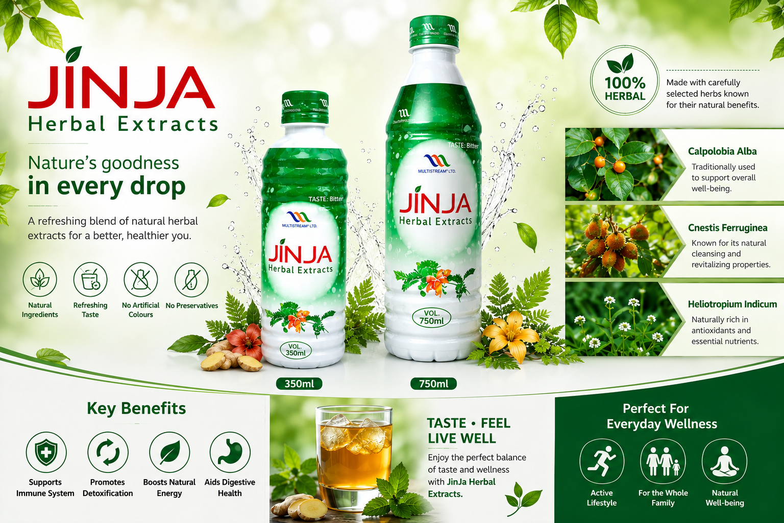 JINJA Herbal Extracts beverage bottles shown on a decorative green and white promotional graphic with leaf graphics, benefit callouts, and product imagery. The main sellable items are two green-and-white bottles labeled JINJA Herbal Extracts, with additional bottle and cup scale graphics and text panels around them.