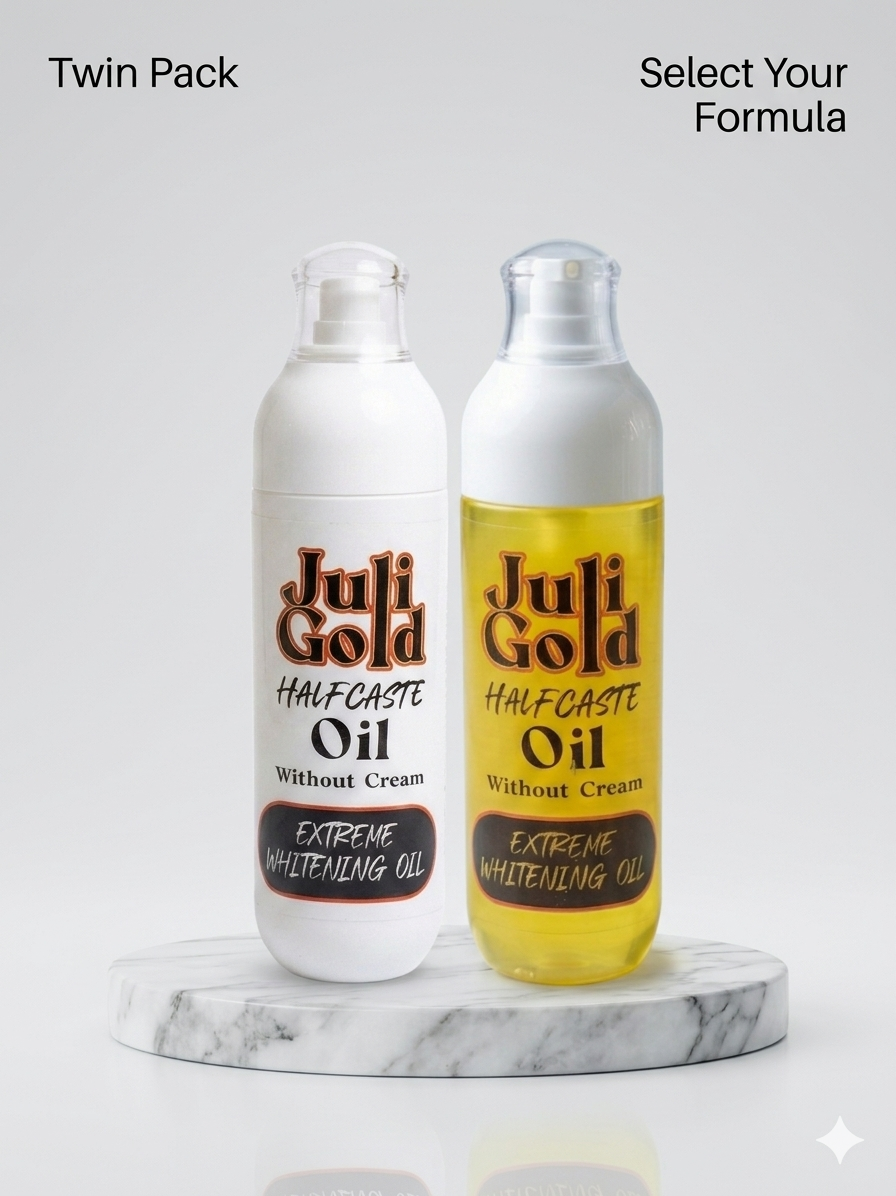 Juli Gold Half Caste Extreme Whitening Oil available in two variations: a sleek white bottle and a transparent bottle showing the golden oil.