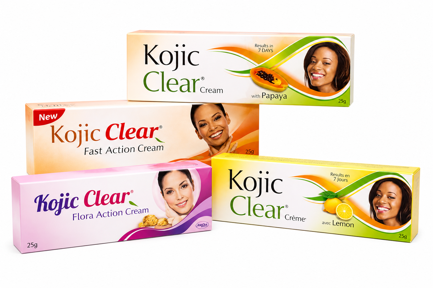 Four variations of Kojic Clear skin brightening tube creams including Fast Action, Lemon, Flora Action, and Papaya for an even-toned complexion."