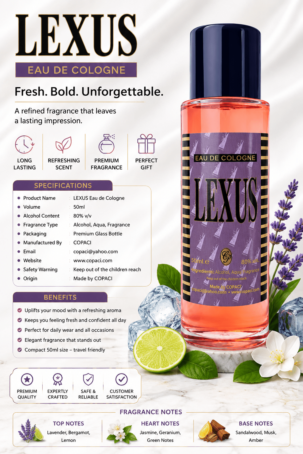 LEXUS Eau de Cologne 50ml – Classic Fresh Everyday Fragrance - Eau de Cologne - Cherubim Aura