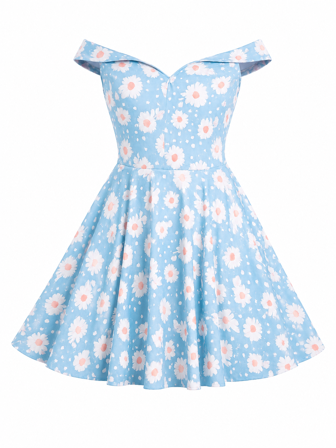 A light blue off-the-shoulder fit-and-flare dress with a white and pink daisy floral pattern, shown against a plain white background.