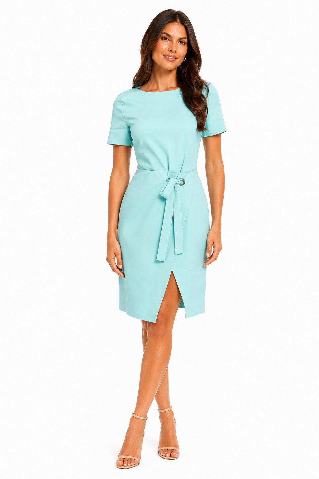 A woman modeling a light aqua blue short-sleeve knee-length dress with a tie waist and front slit, photographed against a plain white studio background.