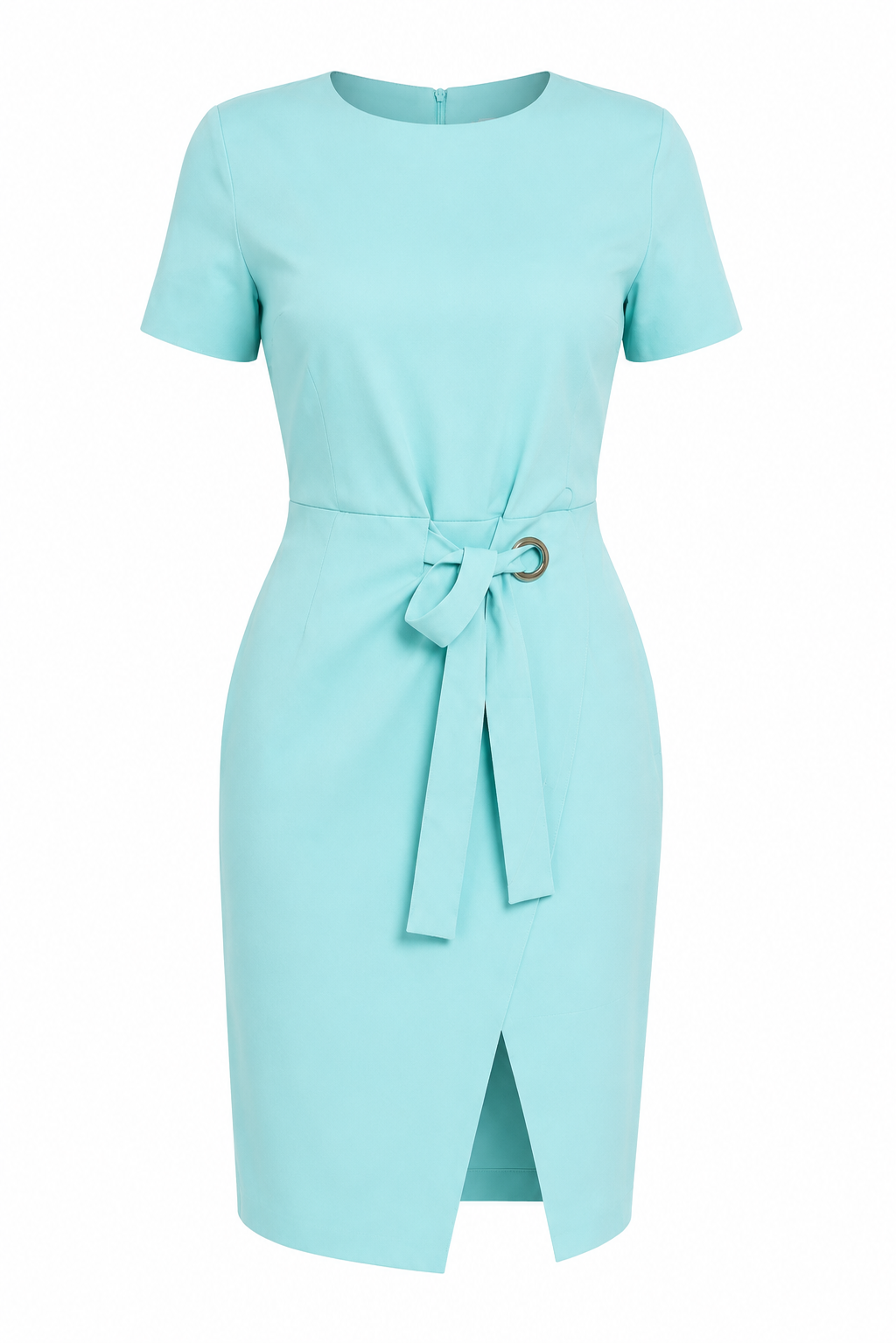A light blue short-sleeve knee-length dress with a tie waist and a front slit, shown on a plain white background.