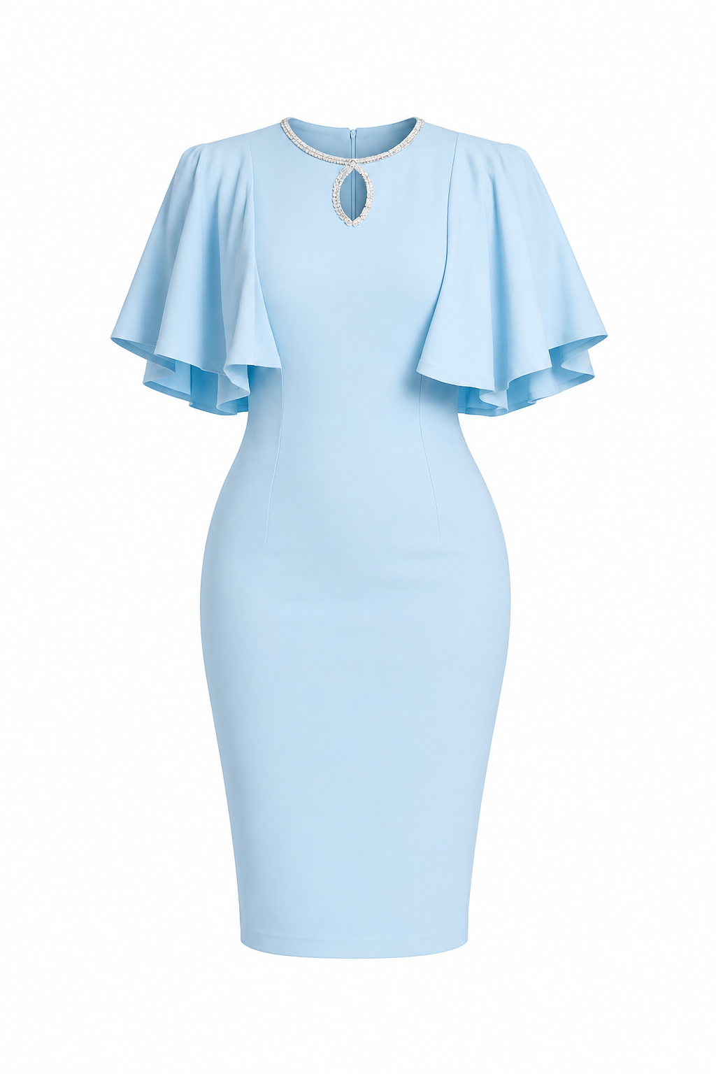 Luxury Rhinestone Keyhole Flutter Cape Sleeve Bodycon Midi Dress – Women's Elegant Occasion Dress