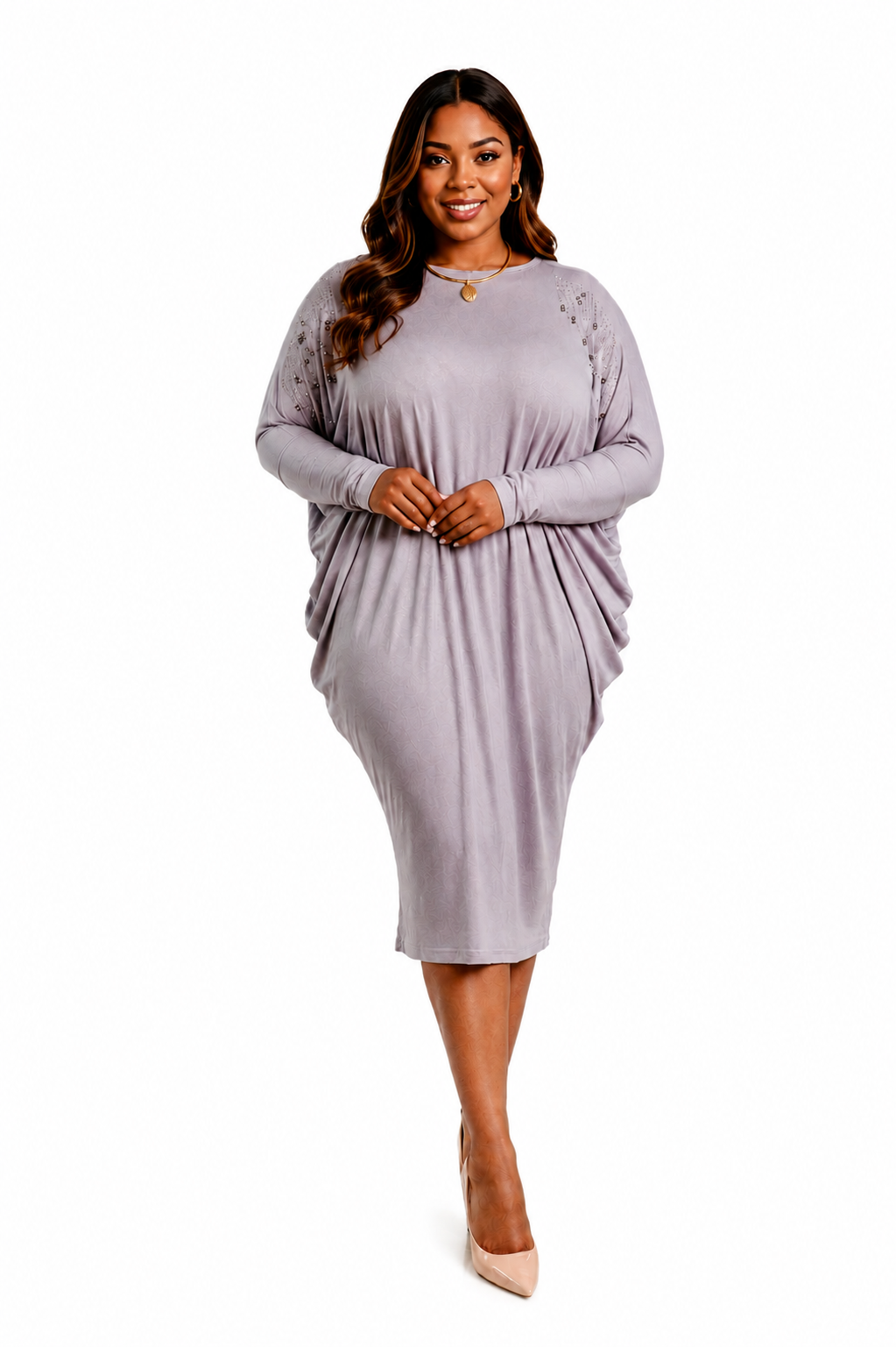 Luxury Rhinestone Shoulder Batwing Sleeve Draped Midi Dress – Women's Elegant Casual Dress