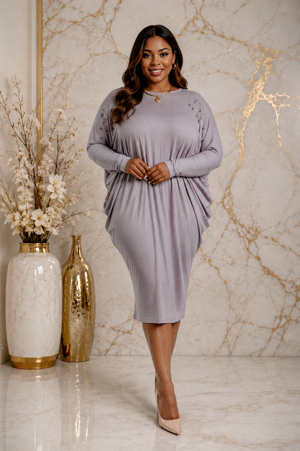 Luxury Rhinestone Shoulder Batwing Sleeve Draped Midi Dress – Women's Elegant Casual Dress