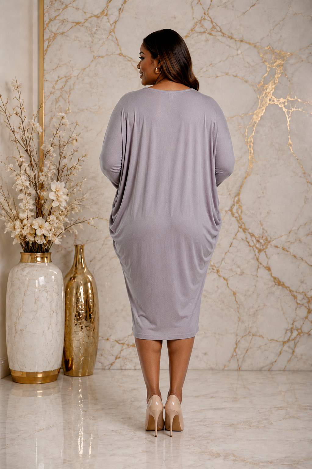 Luxury Rhinestone Shoulder Batwing Sleeve Draped Midi Dress – Women's Elegant Casual Dress