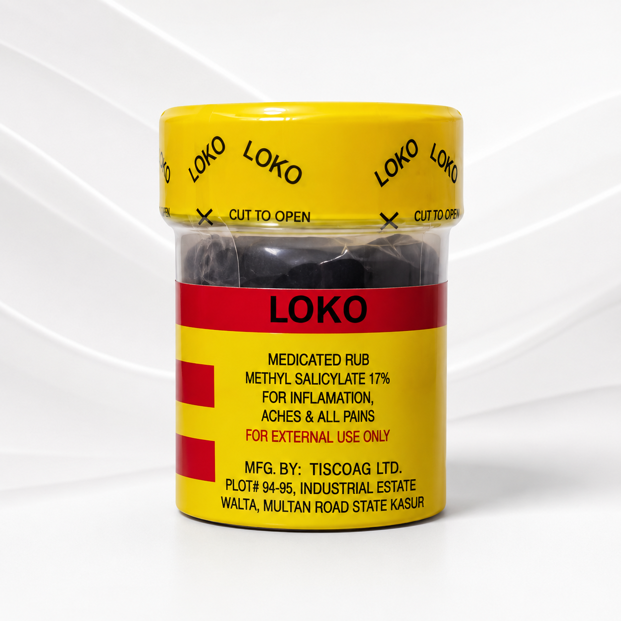 A clear plastic jar of Loko Medicated Rub with a bright yellow lid and a yellow label featuring a bold red stripe. The product is manufactured by TISCOAG LTD.