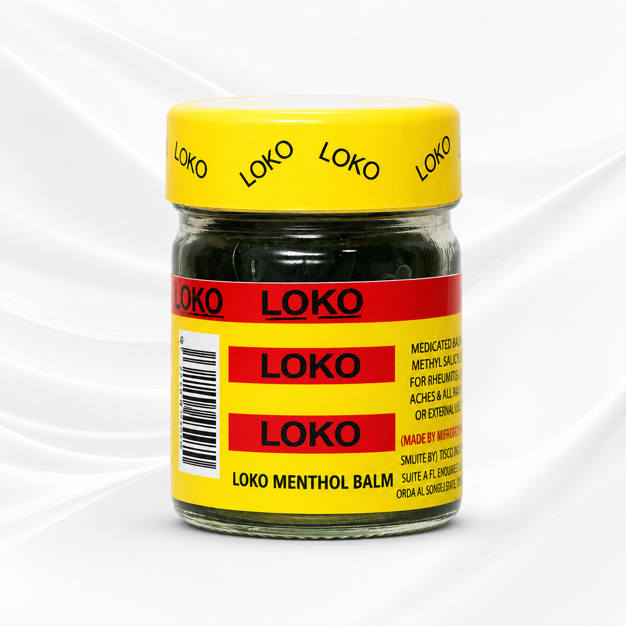 A jar of Loko Loko Menthol Balm with a bright yellow lid and a yellow and red label, set against a white background with subtle diagonal shadows.
