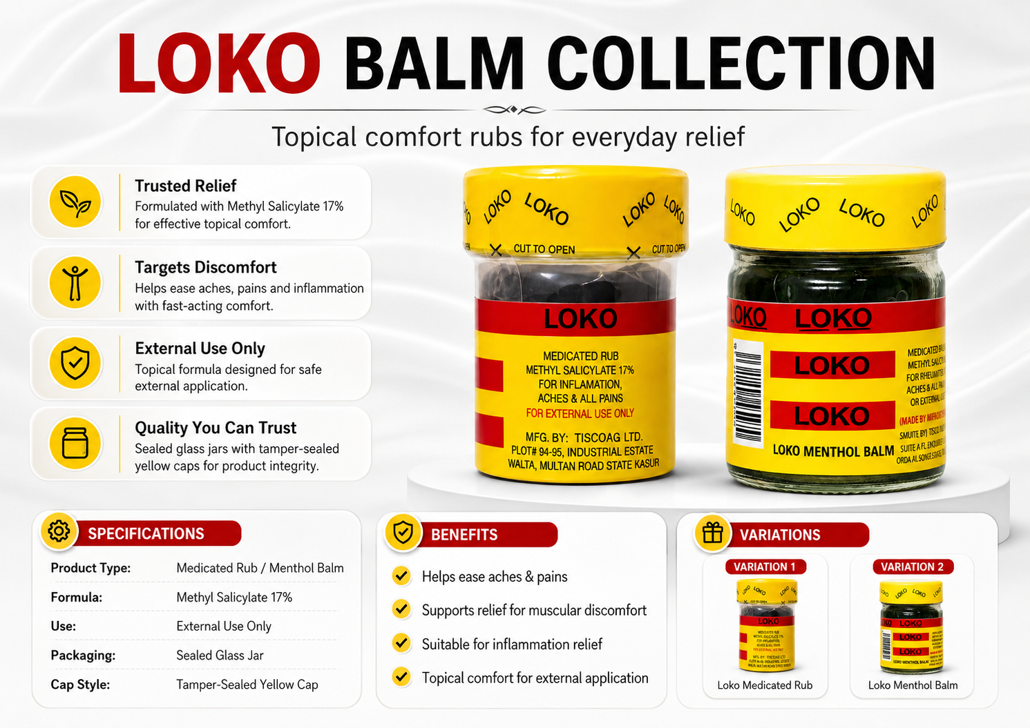 Loko Balm Collection promotional graphic showing two sealed glass jars of topical pain relief balm with yellow caps and red/yellow labels, plus informational callouts, benefits, and variation options on a white background.