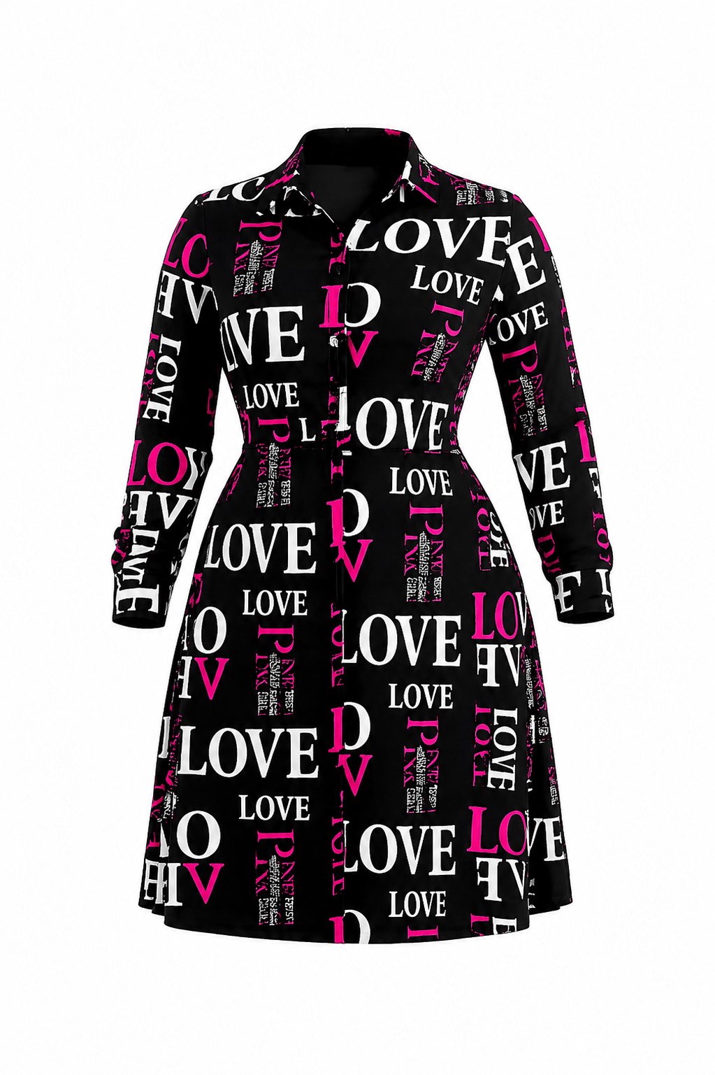 LOVE Print Long Sleeve Button-Front Shirt Dress – Women's Casual Collared Midi Dress - Midi Dresses - Cherubim Aura