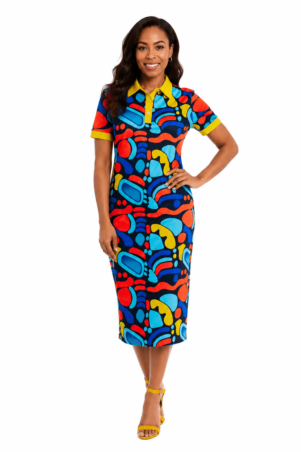 Luxury Abstract Geometric Print Collared Midi Dress – Women's Short Sleeve Casual Bodycon Dress - Midi Dresses - Cherubim Aura