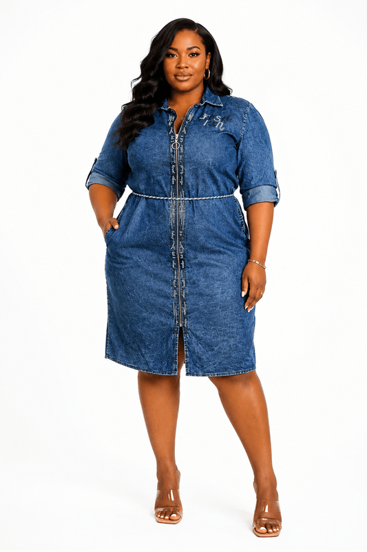 Luxury Acid Wash Denim Zip Front Shirt Midi Dress with Roll-Tab Sleeves & Waist Belt – Women's Casual Chic Dress - Midi Dresses - Cherubim Aura