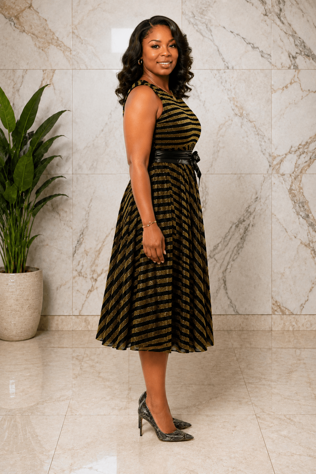 Luxury Metallic Stripe Sleeveless Fit & Flare Midi Dress with Waist Belt – Women's Elegant Occasion Dress - Midi Dresses - Cherubim Aura