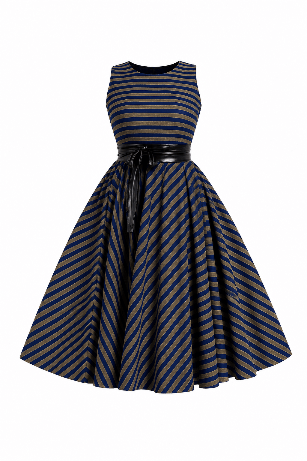 Luxury Metallic Stripe Sleeveless Fit & Flare Midi Dress with Waist Belt – Women's Elegant Occasion Dress - Midi Dresses - Cherubim Aura