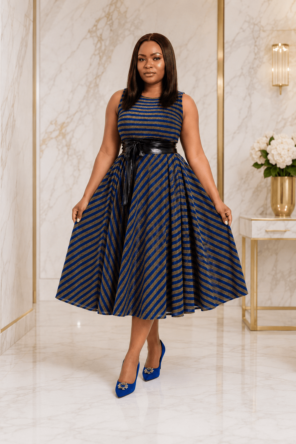 Luxury Metallic Stripe Sleeveless Fit & Flare Midi Dress with Waist Belt – Women's Elegant Occasion Dress - Midi Dresses - Cherubim Aura