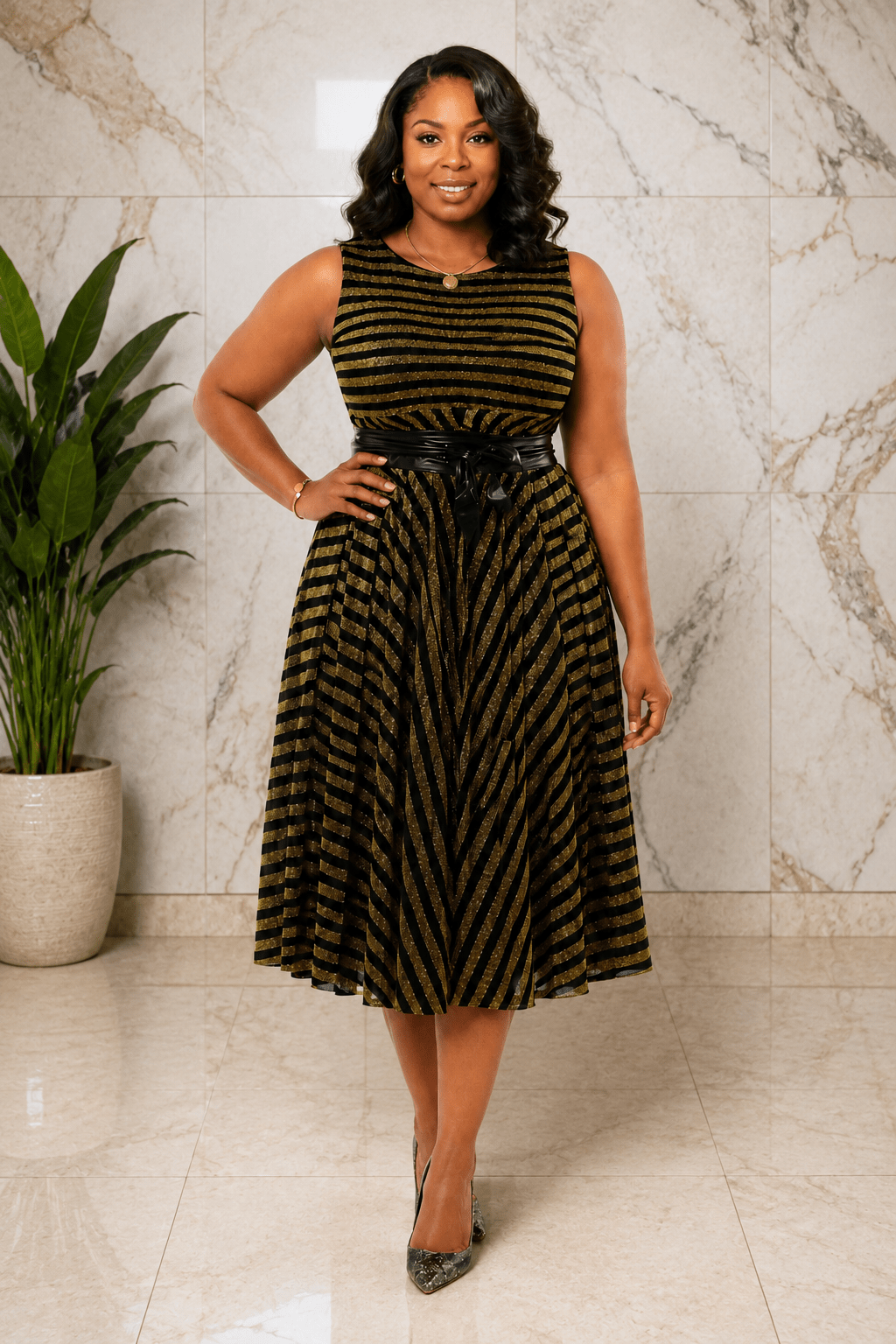 Luxury Metallic Stripe Sleeveless Fit & Flare Midi Dress with Waist Belt – Women's Elegant Occasion Dress - Midi Dresses - Cherubim Aura