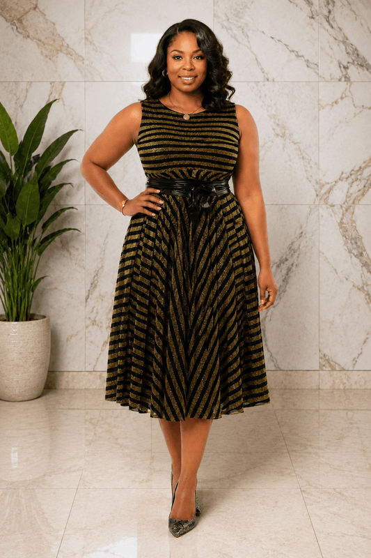 Luxury Metallic Stripe Sleeveless Fit & Flare Midi Dress with Waist Belt – Women's Elegant Occasion Dress - Midi Dresses - Cherubim Aura