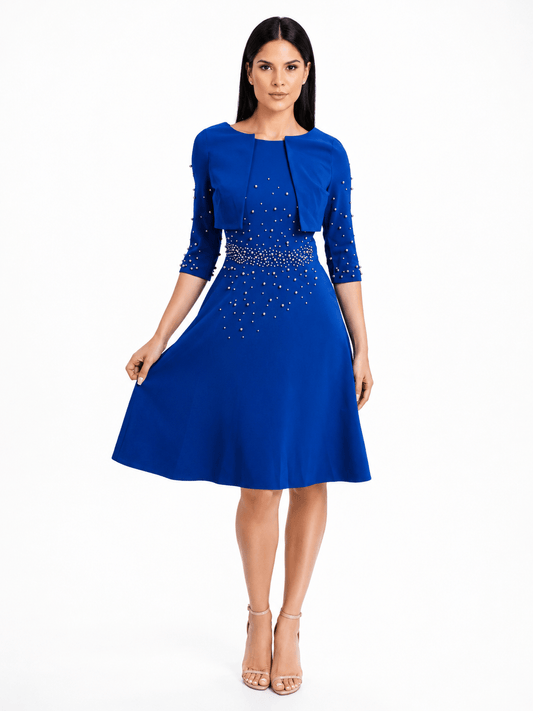 Luxury Pearl Embellished Bolero Jacket Fit & Flare Knee-Length Dress – Women's Elegant Occasion Dress - Midi Dresses - Cherubim Aura