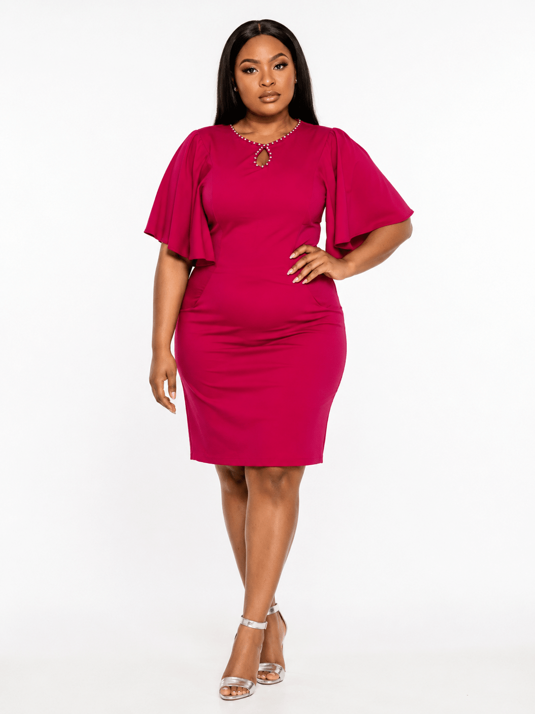 Luxury Rhinestone Keyhole Flutter Cape Sleeve Bodycon Midi Dress – Women's Elegant Occasion Dress - Midi Dresses - Cherubim Aura